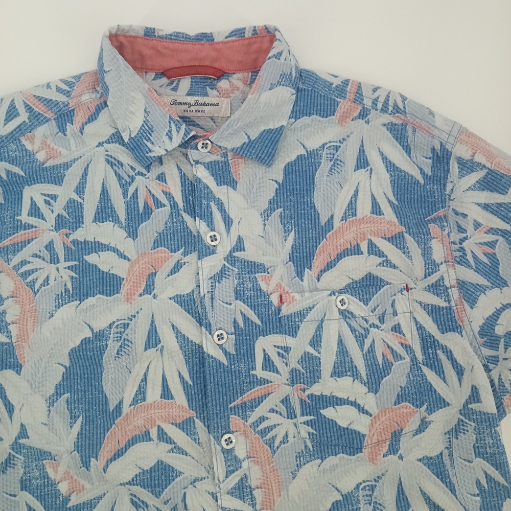 Tommy Bahama Nova Wave Mens Blue Tropical Palm Seersucker Button Down Shirt M